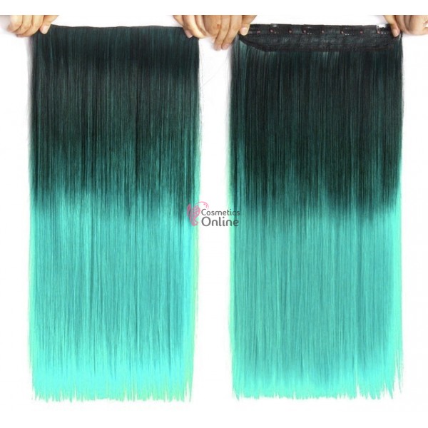 Extensie de par cu 5 Clips On delux dubla dreapta de 60 cm, Ombre Brunet cu Turcoaz 1BT20C